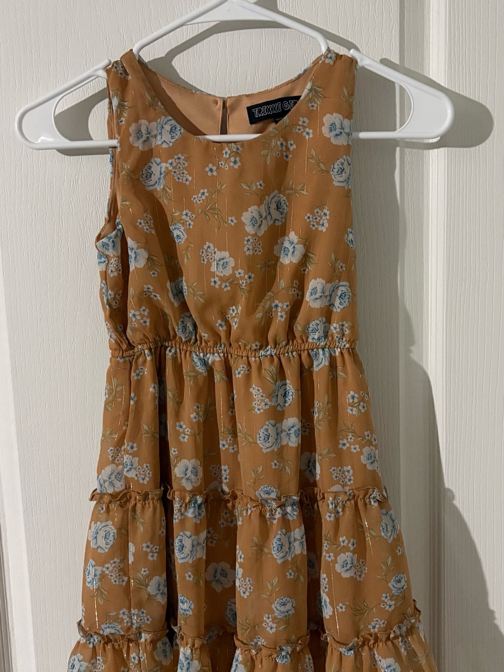 Trixxi Mustard Floral Tiered Girls' Dress with Blue Blooms